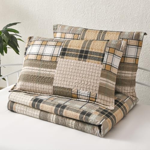 3-Piece Plaid Daybed Cover Set - Twin Quilted Bedspread with Pillow Shams