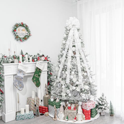 Large White Christmas Tree Topper Bow with Glitter Streamers - 53x13 Inch