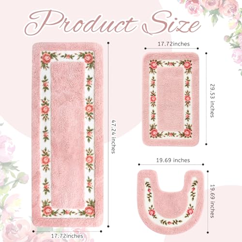 3-Piece Rose Flower Bathroom Rug Set, Non-Slip Floral Bath Mat Collection
