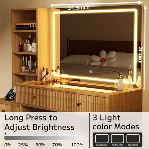 44-Inch Fluted Oak Vanity Desk with LED Lighted Mirror and Charging Station