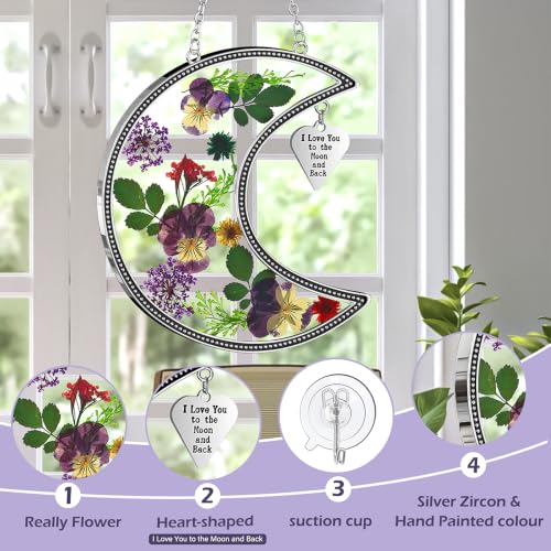 Moon Suncatcher with Real Pressed Flowers and I Love You Charm