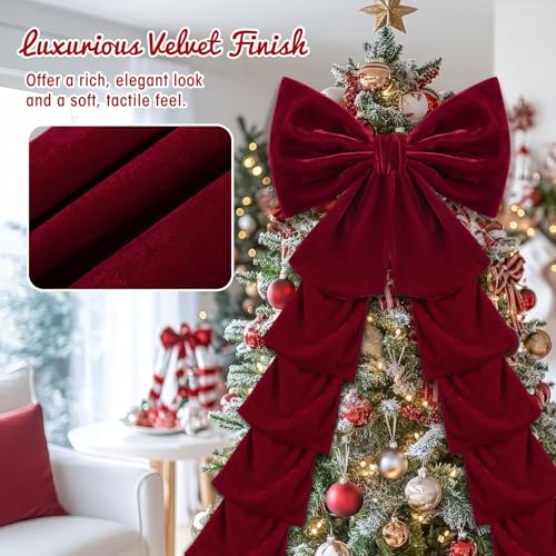 Suncalla Velvet Wine Red Christmas Tree Topper Bows 49x19 Inches, 2-Pack