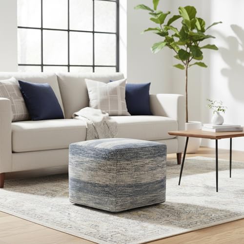 Hand-Woven Cotton Round Pouf Footstool, Textured Boho Accent Seat