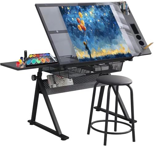 Adjustable Drafting Table with Tilting Glass Top and Storage Drawers