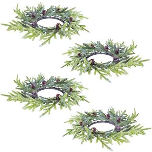 4 Pcs Artificial Frosted Cypress Candle Rings with Pinecones 10-Inch
