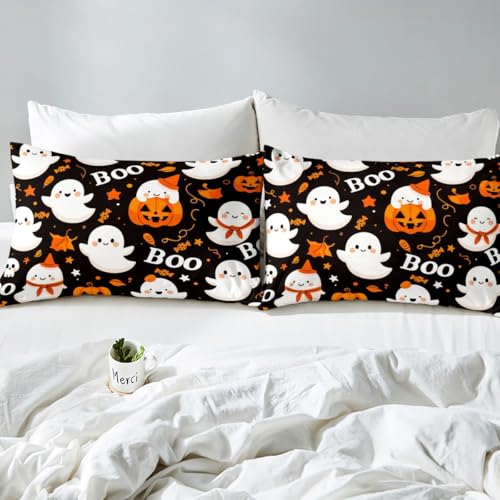Feelyou Kids Halloween Twin Fitted Sheet Cartoon Pumpkin Lantern Ghost Bedding Set Multi 075