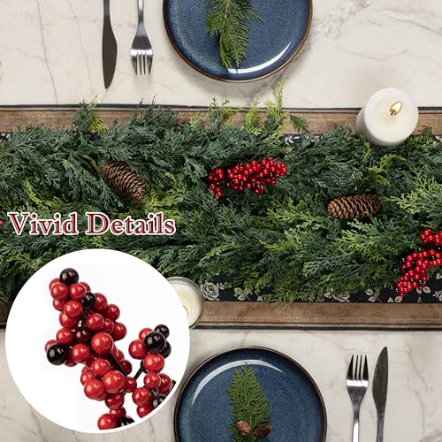 Artificial 32 Pcs Red Berry Stems, Holly Berry Stems Xmas Red Berry Picks with Fruit Clusters for Christmas Tree Decor Wreath Garland DIY Crafts Home Holiday Wedding Decoration (Two-Tone Red)