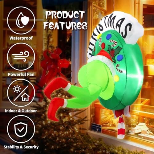 Boveco Christmas Inflatable Outdoor Decoration Green Ugly Monster Wreath with LED Lights - Holiday Yard & Window Decor
