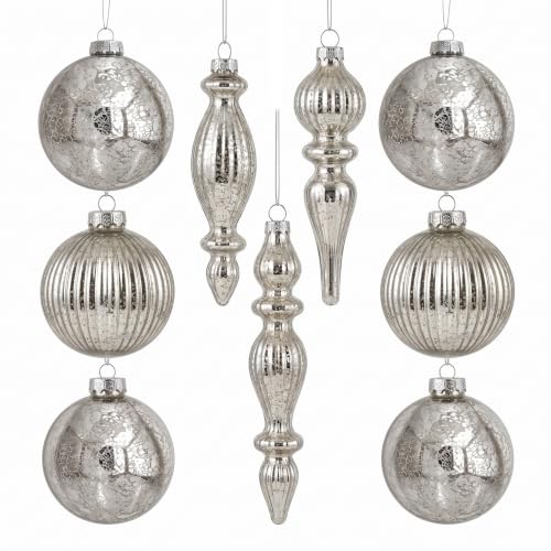 Set of 9 Vintage Silver Mercury Glass Christmas Ornaments with Finials — Sliver / Set of 9