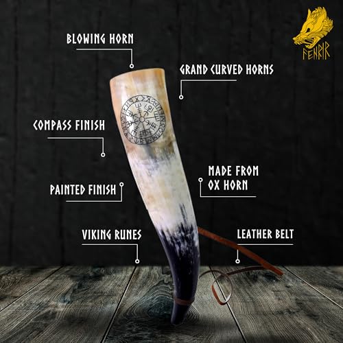 18-Inch Authentic Ox Horn Battle Trumpet with Compass Engraving and Strap