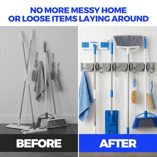 Metal Broom and Mop Holder Wall Mount Organizer with 4 Slots and 4 Hooks