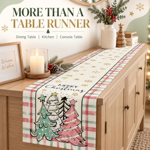 Christmas Table Runner 13x72 Inch Buffalo Plaid Snowflake Xmas Trees Decor