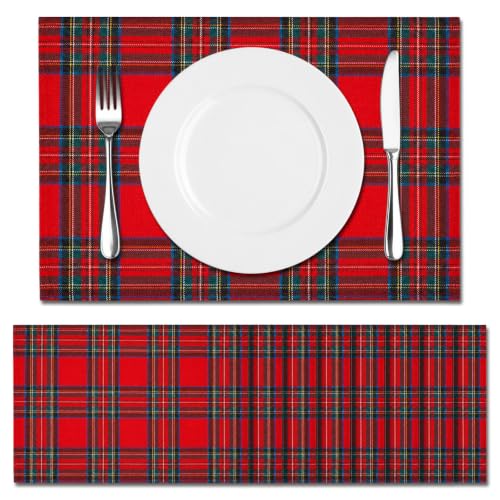 Dunzy Red Christmas Tartan Plaid Placemats Set of 8 – Holiday Table Decor
