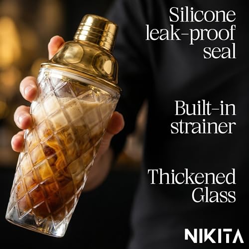 Nikita Gold Cocktail Shaker Set - 5-Piece Bartender Kit with Glass Mixer & Accessories