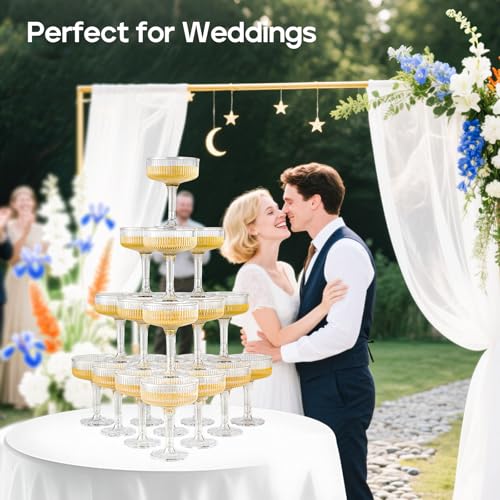 DORONAN Clear Plastic Champagne Tower Glasses 20 Pack, Unbreakable 7oz Coupe for Wedding & Party