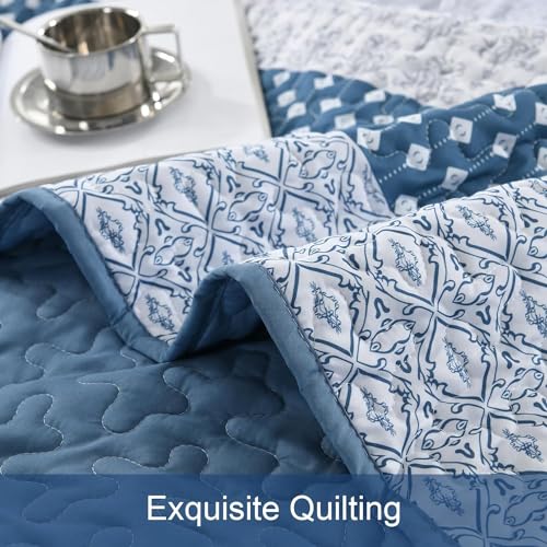 Blue Boho Striped Quilt Set King Size - 3-Piece Reversible Coverlet