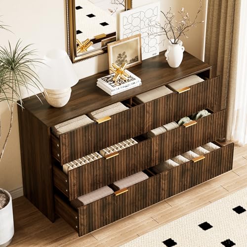 Modern 6-Drawer Walnut Dresser with Gold Handles, Wide Storage Chest