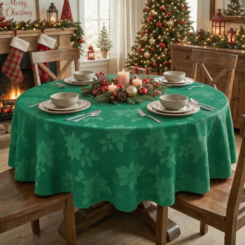 Horaldaily Green Jacquard Round Tablecloth 60x60 Inches for Christmas & Holiday Dining