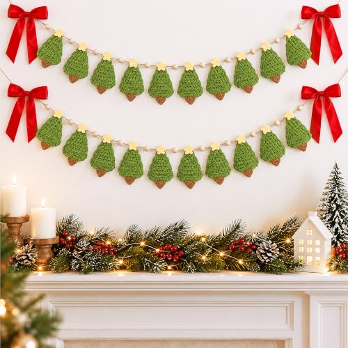 2 Pcs 6.7ft Crochet Christmas Tree Garland - Rustic Wood Bead Banner, LFUTARI