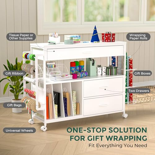 Wrapping Paper Storage Cart with Wooden Drawers and Ribbon Holder White