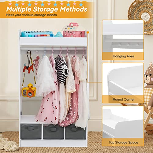 Kids Dress-Up Storage Wardrobe with Mirror and 3 Drawers, White
