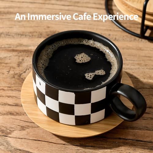 LUKA Black & White Checkered Ceramic Espresso Cup Set with Saucers & Stand - 4 Pcs