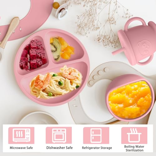 Silicone Baby Feeding Set with Suction Plate, Bowl, Bib and Utensils Pink
