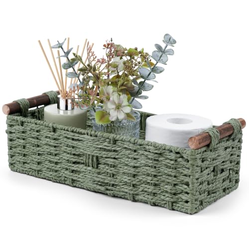 Round Paper Rope Storage Basket Wicker Organizer with Handle Green