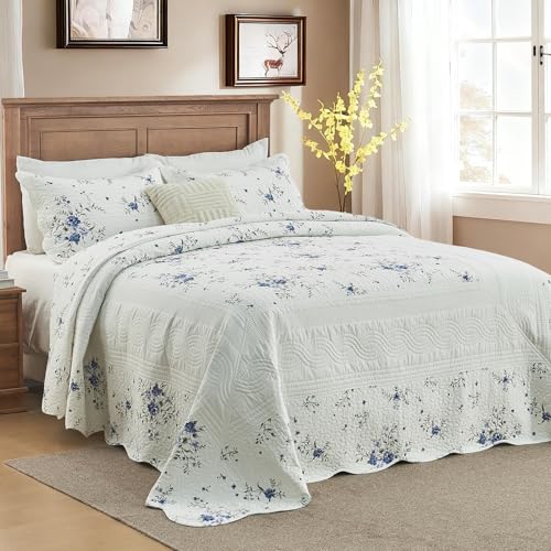 Floral Oversized Queen Bedspread Set, 100% Cotton, 3 Piece