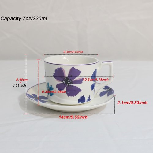 GuangYang 7oz Tea Cups set of 6, Fancy Color Flowers Design (Durable Porcelain for Hot Tea, Coffee, Latte,Small Macchiato, Cappuccino, Chocolate Drinks and Party)