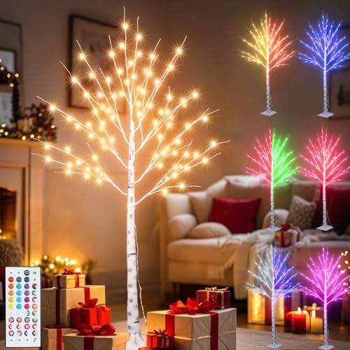 Pooqla 5 ft RGB Lighted Birch Tree with 35 Colors & Remote Control - Indoor Outdoor Christmas Tree