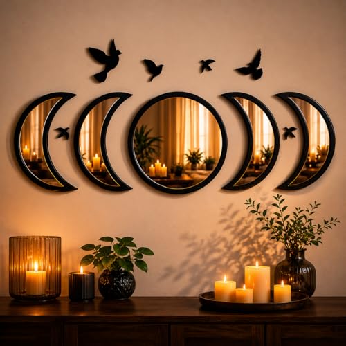 Moon Phase Mirror Wall Decor Set with Birds - Gothic Boho Wall Art