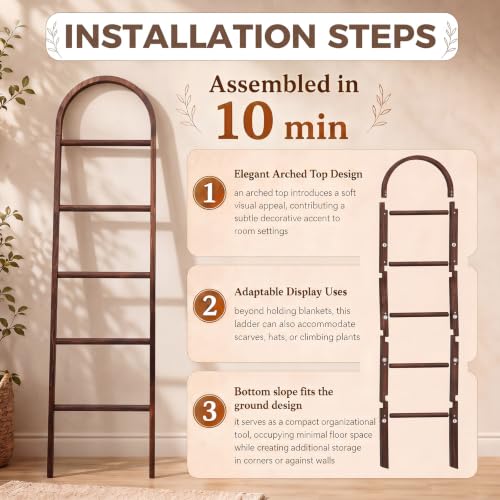 5.5ft Arched Wooden Blanket Ladder, 5-Tier Leaning Storage Shelf