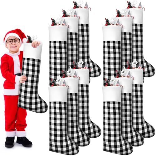 12 Pcs 34 Inch Christmas Stockings Gingham Black & White - Large Holiday Decor