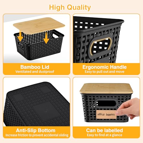 Plastic Storage Baskets with Bamboo Lids and Labels 6-Pack