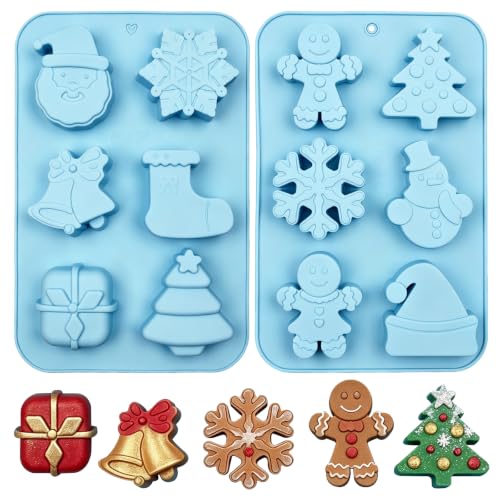 Vrthske 6-Cavity Christmas Silicone Molds Set of 2, Light Blue R0306 - Santa, Snowflake & Gingerbread
