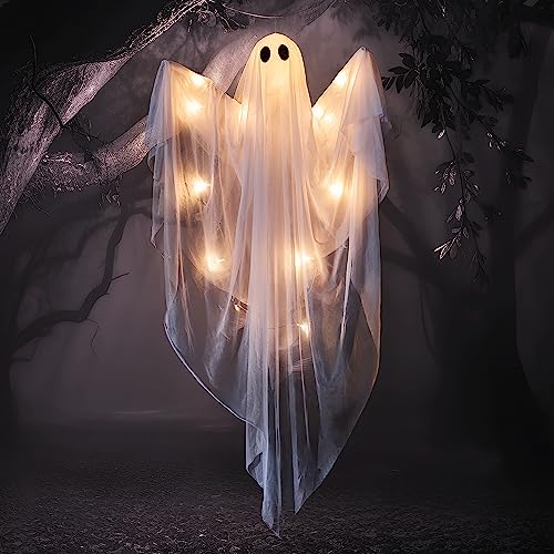 47-Inch Light-Up Hanging Ghost Halloween Decor with LED & Timer