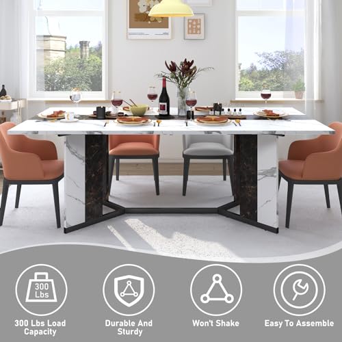 71-Inch Large Rectangular Dining Table, Modern Kitchen Table with Marble Look