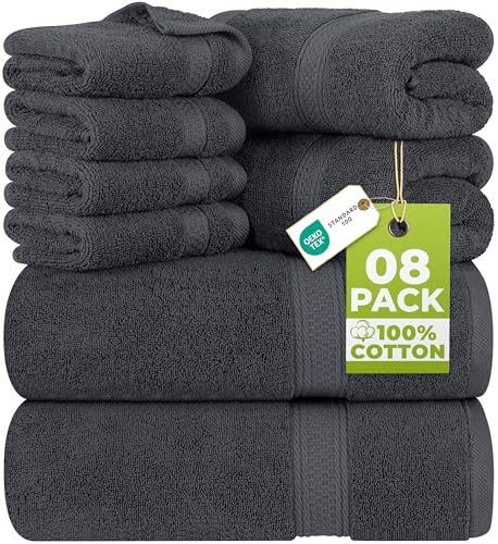 Utopia Towels 8-Piece Luxury Ring Spun Cotton Towel Set, Grey