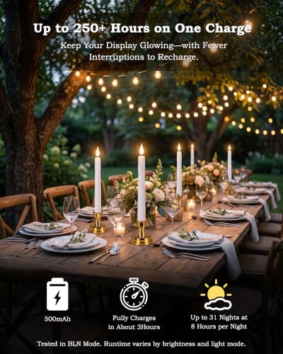 Rechargeable Flameless Taper Candles with Remote & Gold Holders - 6 Pack