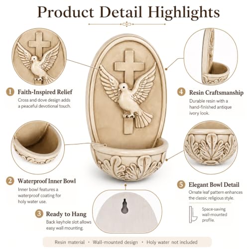 Catholic Holy Water Font for Wall - Resin Cross and Dove Blessing Bowl, 6.8 In