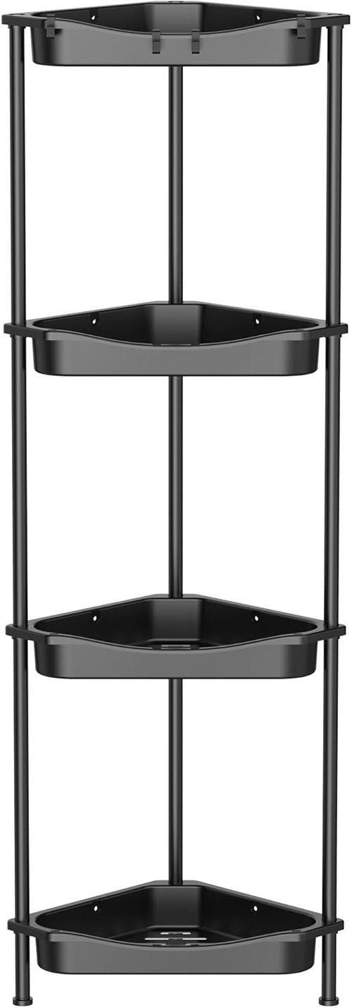 HuggieGems Corner Shower Caddy Organizer - 4 Tier Floor Stand with Hooks | Jet Black Bathroom Shelf