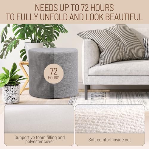Round Grey Boucle Ottoman - 17.7-Inch Soft Foam Footrest & Extra Seat