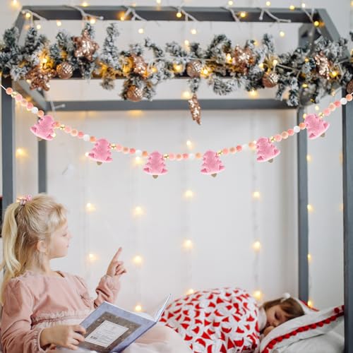 Whaline Pink Christmas Felt Garland Banner with Pom Balls – 2.5m Holiday Wall Decor