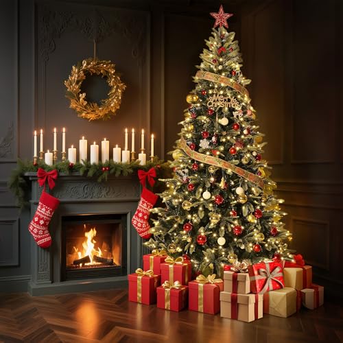 Garvee 6.5 FT Pre-Lit Pencil Christmas Tree - Classic Green, Warm White Lights, Auto-Hinged, Foldable Metal Stand