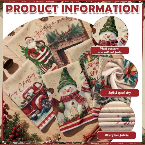 Vintage Christmas Kitchen Towels 6 Pack Santa Snowman Dish Hand Towels Beige Red