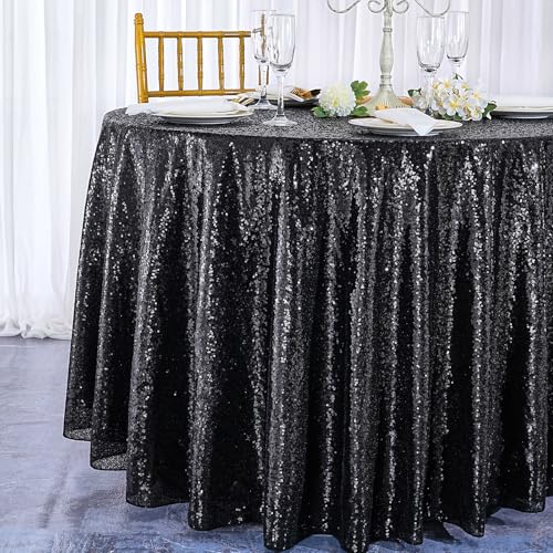QueenDream Black Sequin Round Tablecloth 108 inch - Glitter Festive Table Cover