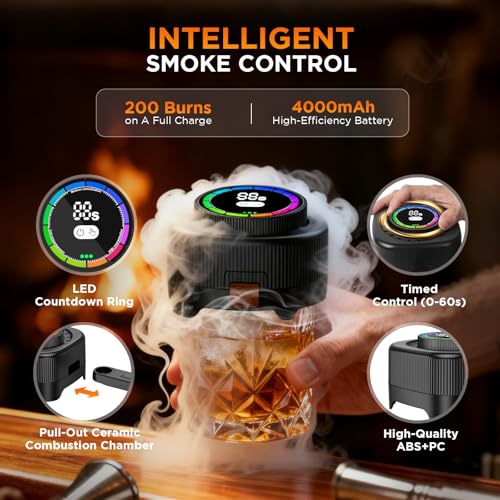 Electric Whiskey Smoker Kit with Adjustable Timer - No Butane Needed, USB Rechargeable