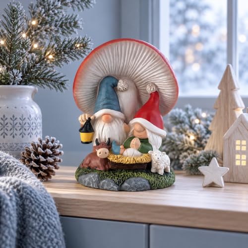 Hodao Mushroom Nativity Scene Gnome Figurine - Whimsical Christmas Manger Decoration