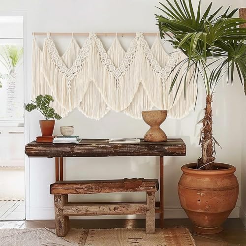 Large Macrame Wall Hanging 47" x 25" - Boho Woven Cotton Tapestry Decor